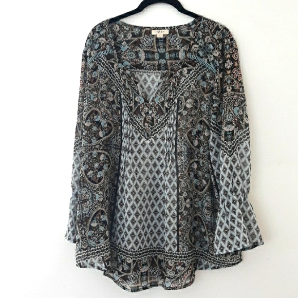 Style & Co. Tops - Style & Co. Mixed Print V neck Sheer Bell Sleeve Blouse